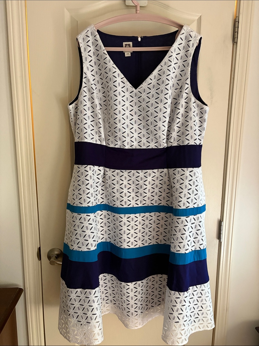 Anne Klein White Eyelet Dress with Navy & Teal Bands